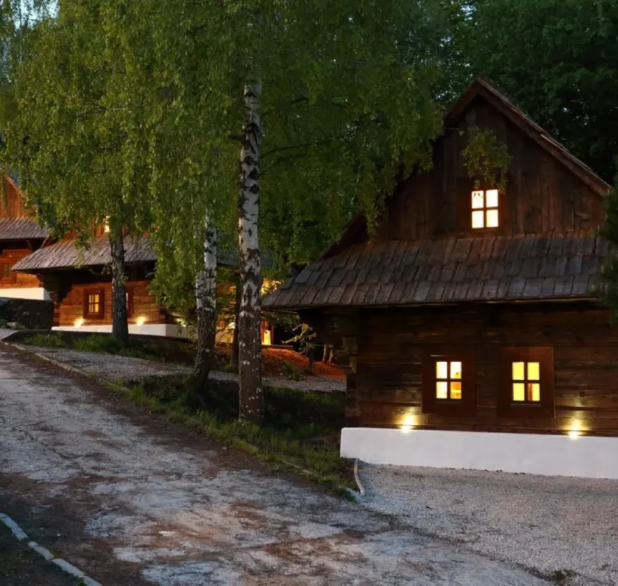 A lit wooden cottage among birch trees after dark